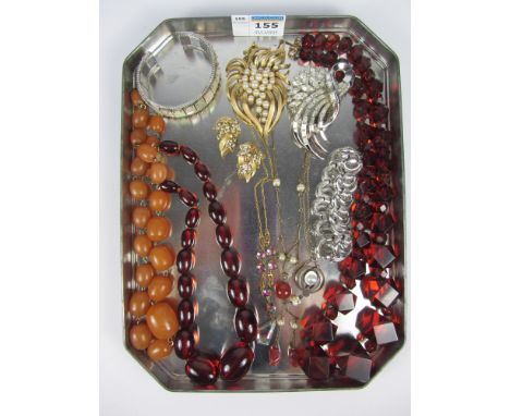 Trifari brooches, pair ear-rings, vintage bead necklaces etc