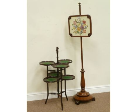 Late Victorian mahogany pole screen with needle work panel (H146cm), and an Edwardian six tier cake stand (H85cm)