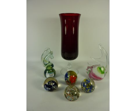 Mdina glass seahorse paperweight, similar cockerel paperweight, four other paperweights and a ruby glass vase H29cm
