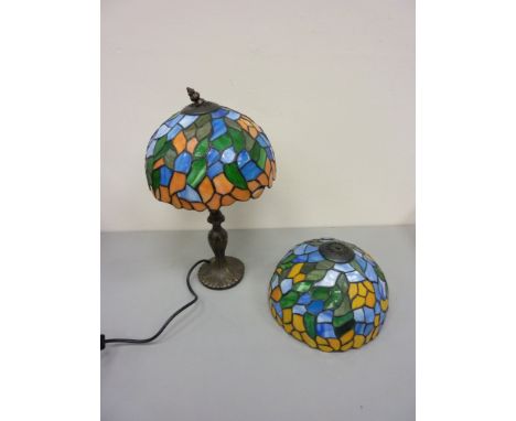 Pair Tiffany design centre light fittings, matching table lamp and a spare shade 