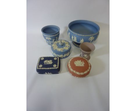 Wedgwood Jasperware pedestal bowl, jardiniere, vase and three trinket boxes