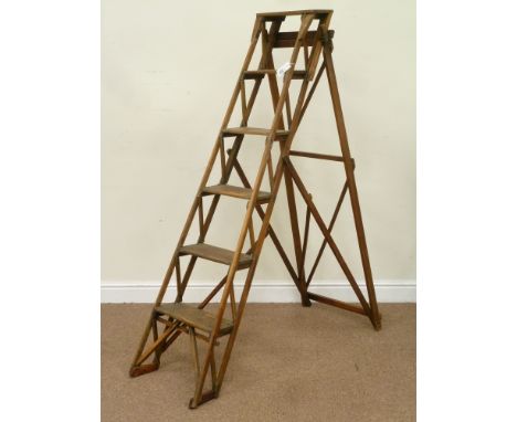 20th century 'Hatherley Patent Lattistep' oak six tread folding step ladder, H153cm
