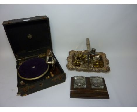 Vintage Maxitone record player, desk stand. silver-plated basket with swing handle, and six brass candle shade holders and ot
