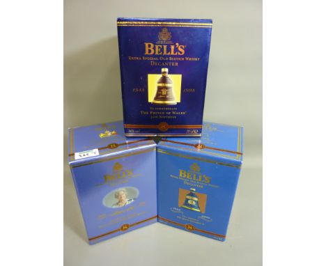 Four limited edition Bells commemorative Scotch Whisky decanters Queen Elizabeth II 75yrs, Queen Mother 100yrs, Prince of Wal