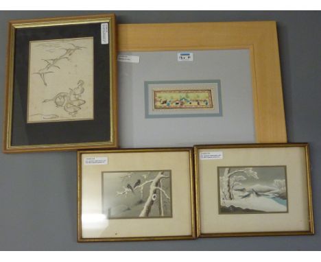 Desert Camp, middle eastern watercolour on bone panel 6cm x 15cm; Birds in Winter Landscape, pair early 20th century Japanese