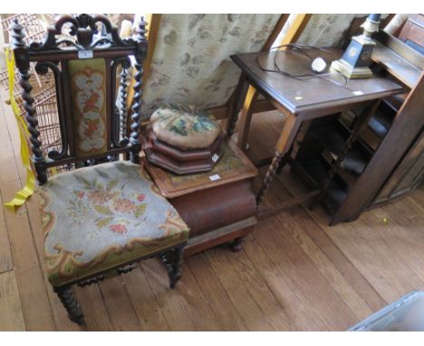 A Victorian barley twist and beadwork nursing chair, a beadwork octagonal footstool, commode, barley twist oak table and open