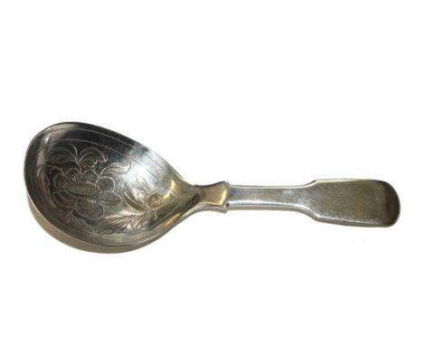 A Georgian silver caddy spoon with decoration to bowl, London 1827