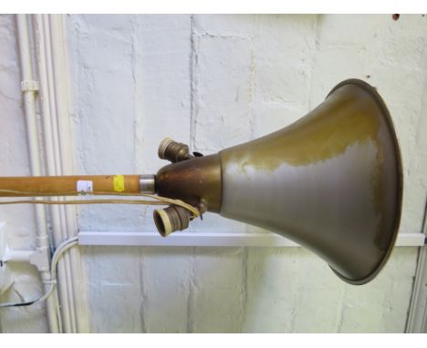 An Art Deco birch uplight standard lamp, with conical shade and two downlights on a turned stem and circular base, 176cm high