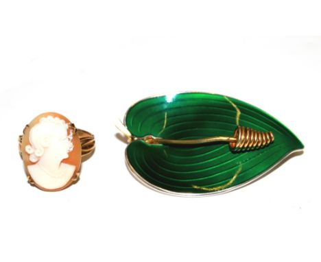 A cameo ring and a silver and enamel leaf brooch
