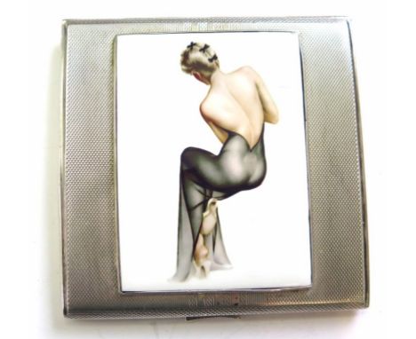 A silver cigarette case with engine turned decoration having an enamel plaque of a young lady