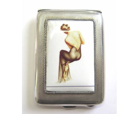 A matching silver match book cover having an enamel plaque of a young lady