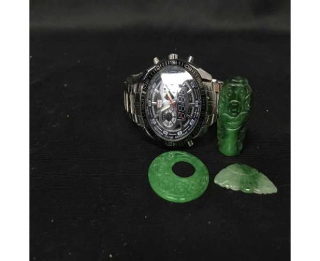 LOT OF COSTUME JEWELLERYincluding 9ct gold amethyst earrings, a hand mirror in original box, jade items etc.  