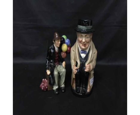 THREE ROYAL DOULTON FIGURESof balloon sellers, Winston Churchill Toby jug and two Hummel figures (6)