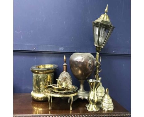 LOT OF METAL WAREincluding copper covered 'Dimple' flask, copper tea urn, brass lamp post lamp, brass trivet etc