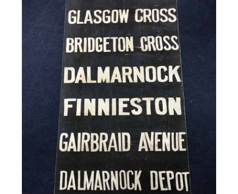 GLASGOW TRAMS: ORIGINAL COMPLETE VINTAGE LINEN DESTINATION BLINDDalmarnock depot, 39 destinations including Parkhead, Yoker, 
