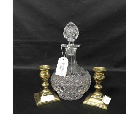 CRYSTAL DECANTER ALONG WITH PAIR OF SMALL BRASS CANDLESTICKS