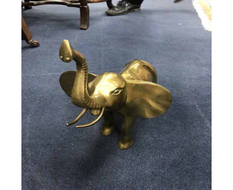 BURMESE CARVED SIDE TABLE, AN ELEPHANT STOOL AND A BRASS ELEPHANT 