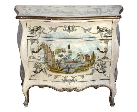 A FRENCH PAINTED BOMBE COMMODE serpentine, with three drawers, painted scenes traverse with lake scene, 112 x 94 x 55cm