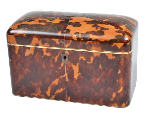 A VICTORIAN TORTOISESHELL VENEERED TEA CADDY
rectangular with rounded edges, silver inlay stringing and vacant cartouche to l