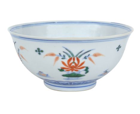 A CHINESE DOUCAI-ENAMELLED 'DUCK AND LOTUS' BOWL, QING DYNASTY (1644-1911), UNDERGLAZE BLUE JIAQING SEALMARK AND OF THE PERIO