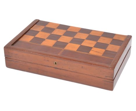 A FOLDING GAMES BOX
two sectional, the exterior with an inlaid chess board, the interior with an inlaid backgammon board, 38c