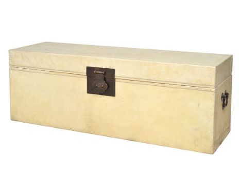 A VELLUM MOUNTED RECTANGULAR STORAGE TRUNK

with a hinged cover and iron fittings, 150 x 52 x 45.5cm

