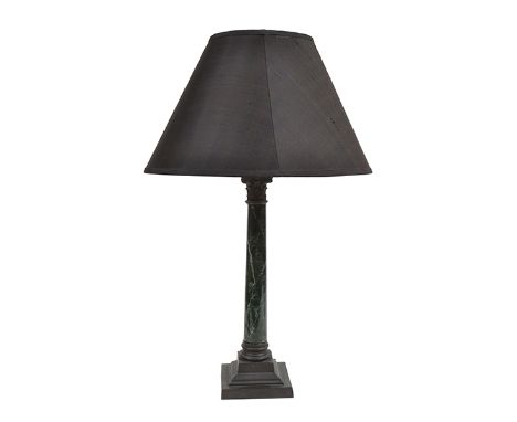 A FRENCH EMPIRE STYLE FAUX MARBLE AND BRASS COLUMNAR LAMP BASE AND SHADEthe lamp base 46cm high