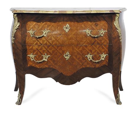 A LOUIS XV STYLE MARBLE TOP KINGWOOD AND PARQUETRY COMMODE

with a serpentine rectangular top, above a bombe base with two dr