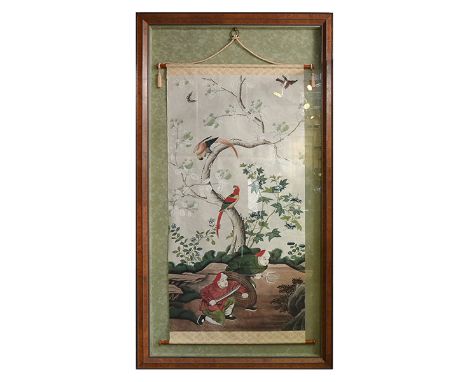 A CHINESE HAND PAINTED SCROLL MOUNTED IN A DISPLAY CASE, QING DYNASTY, 19TH CENTURY
depicting a figural scene of two young co