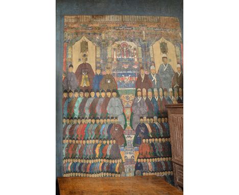A LARGE CHINESE ANCESTRAL PORTRAIT
painted with figures over six registers, (loss and deterioration in places), 300 x 212cm
