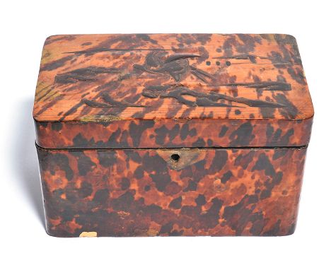 A JAPANESE TORTOISESHELL VENEERED AND LACQUERED TEA CADDY rectangular with rounded edges and a raised maki bird motif to lid,