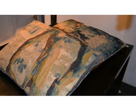 A PAIR OF 17TH CENTURY TAPESTRY UPHOLSTERED CUSHIONS the largest 54cm wide