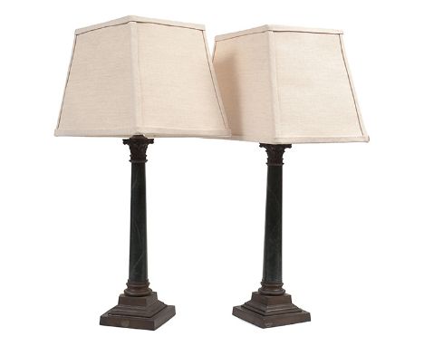 A PAIR OF FRENCH EMPIRE STYLE FAUX MARBLE AND BRASS COLUMNAR LAMP BASES WITH SHADES
each lamp base 46cm high