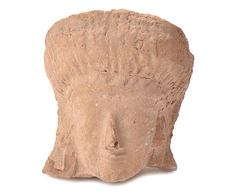 A LATE ARCHAIC GREEK TERRACOTTA HEAD, CIRCA FIFTH CENTURY B.C.

wearing a high radiate stephane headdress, (minor losses to t