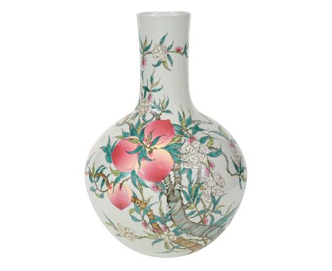 A LARGE CHINESE FAMILLE-ROSE NINE-PEACH BOTTLE VASE, YONGZHENG MARK

 decorated with the auspicious design of nine large leaf