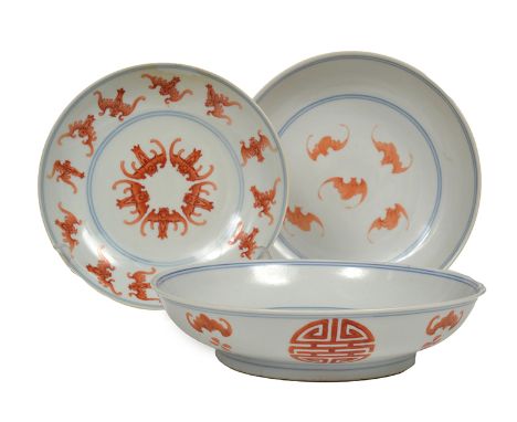 A CHINESE PAIR OF IRON-RED DECORATED 'RUYI' DISHES AND ANOTHER SIMILAR SAUCER DISH, QING DYNASTY (1644-1911), DAOGUANG MARK A