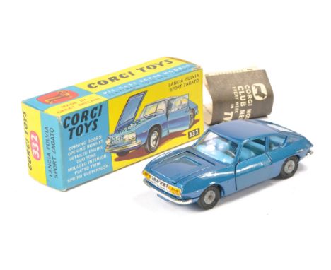 Corgi No. 332 Lancia Fulvia Sport Zagato. Blue with blue interior. Excellent with very little sign of wear. In excellent box,