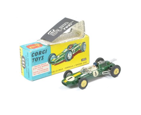 Corgi No. 155 Lotus Climax F1 Racing Car. Primrose wheels (adapted). Very good in generally excellent box, including leaflet 