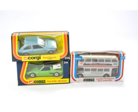Corgi trio of issues comprising No. 314 Fiat X1/9 Bertone, No. 334 Ford Escort and no. 471 London Transport Silver Jubilee bu