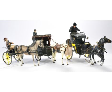 A Trio of Horse Drawn Hansom Cabs and Gig, Dolls House 1:12 Scale Miniature complete with figures. All appear in good conditi