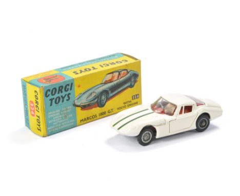 Corgi No. 324 Marcos 1800 GT (with Volvo Engine). White with red interior, green stripes. Excellent with very little sign of 