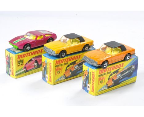 A group of three Matchbox Superfast comprising No. 6 Mercedes 350SL, one light, one dark orange, plus No. 32 Maserati Bora. A