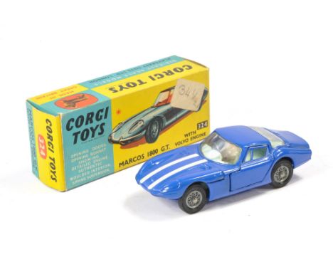 Corgi No. 324 Marcos 1800 GT with Volvo Engine. Blue / White with light blue interior. Generally excellent, a couple of very 