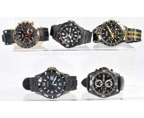 Five Gentleman's Wrist Watches, stainless steel, resin and leather straps to include Casio MRW 200H, Lorus YM92-X155, Sekonda