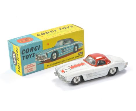 Corgi No. 304S Mercedes Benz 300SL Hardtop Roadster. White and red, racing no. 7. Very good to excellent. In generally very g