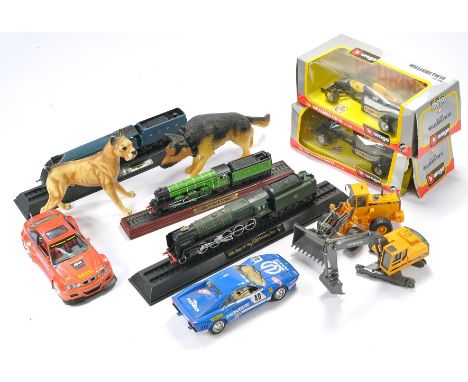 A group of misc diecast including Burago racing cars plus trio of stationary railway locomotives and duo of Action Man Dog is