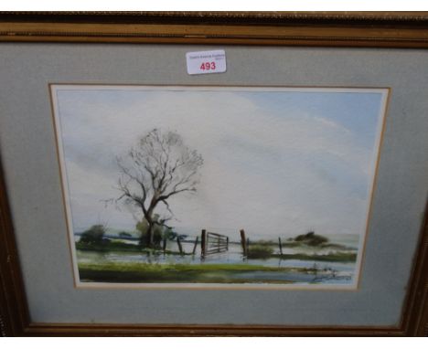 A 20TH CENTURY BRITISH SCHOOL: Flooded field with gate, watercolour, indistinctly signed "Ralph Layman"