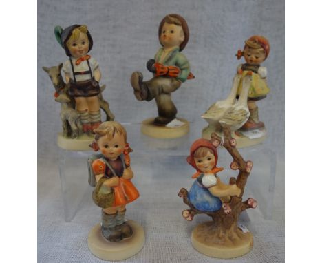 FIVE HUMMEL/GOEBEL FIGURES,'Happy Traveler', 'Goose Girl', 'Little Goat Herder', 'School Girl' and 'Apple Tree Girl'