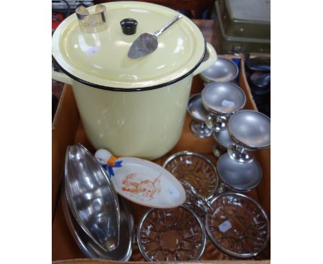 A VINTAGE PALE YELLOW ENAMEL BREAD BIN, plated goblets and sundries