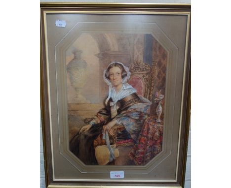 ENGLISH SCHOOL 19TH CENTURY PORTRAIT of a woman wearing a multicoloured shawl and lace bonnet  seated in a chair, watercolour